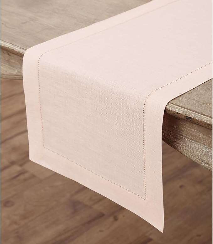 Solino Home Linen Pink Table Runner 60 Inches - Classic Hemstitch, 100% Pure Linen Coffee Table Runner 14 x 60 Inch Ideal for Dresser Tables - Valentines, Spring, Easter