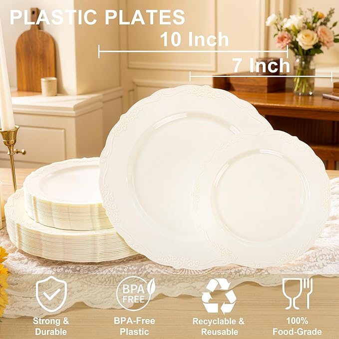 U-QE 100 Pieces Ivory Plastic Plates for Party - Ivory Disposable Plastic Plates - Heavy Duty Disposable Platos Including 50 Dinner 10 '' & 50 Dessert 7.5 '' for Valentine's Day