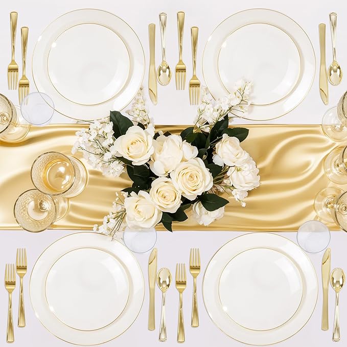Nervure 100Pcs Ivory and Gold Plastic Plates - 10.25inch Disposable Ivory Dinner Plates - Heavy Duty Plastic Plate Ideal for Wedding & Party
