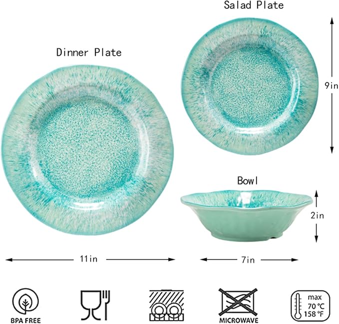 12 Pcs Melamine Dinnerware Sets, Durable Dishware Melamine Dinner Plates for Indoor and Outdoor, Aqua Plates and Bowls Sets, Dishwasher Safe Shatter Proof Chip Resistant Not Microware Not Oven(Green）