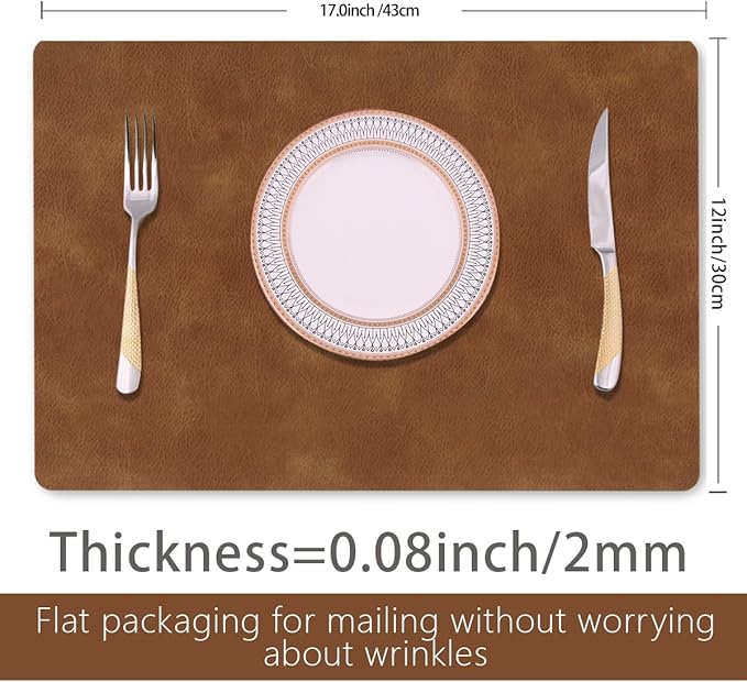 Faux Leather Place mats with Rounded Corners for Dining Table Set of 6,Waterproof&Heat-Resistant Table Mats,Washable&Non-Slip for Indoor&Outdoor-12" x17''-Brown