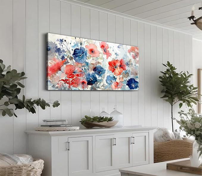 ADJUVANT Wall Art Watercolor Vibrant Floral 60"L x 30"W, Colorful Poppies With Soft Hues Canvas Painting Lively Blooms Artwork Delicate Tones Prints Wall Decor for Living Room Bedroom Bathroom Home Office