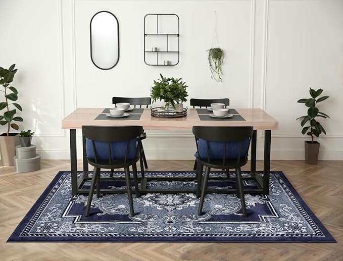 Modern 8 x 10 Rug for Living Room - Navy Oriental Large Area Rugs for Living Room, Dining & Bedroom - Hand Carved Runner Carpet - Durable Polyester - Non-Fade, Stain-Resistant - Turkish Made