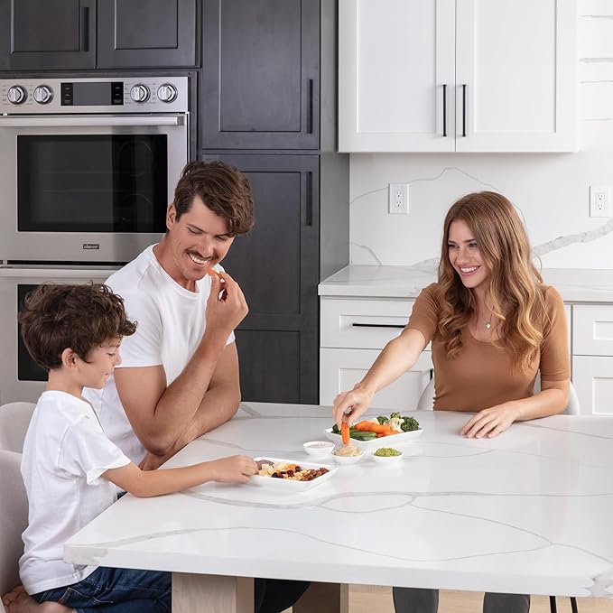 8 Inch Appetizer Plates Set with Dipping Cups for Serving, Desserts, Salads – Chip-Resistant, Porcelain, Rectangular Dinner Plates – Free of Plastic & Lead – 6 Small, White Dinner Plates & Cups