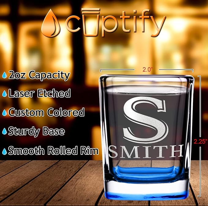 Personalized Glasses Split Script Initial and Name Set of 10 2oz Blue Bottom Etched Square Shot Glass Engraved with Custom Text Birthday Gift for Men and Women