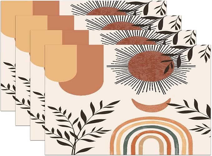 Mid Century Abstract Boho Placemats Orange Vintage Aesthetic Nature Leaf Sun Modern Washable Place Mats 12x18Inch for Dining Kitchen Farmhouse Decor 6 PCS
