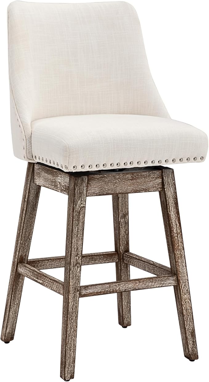 27.5" Counter Height Bar Stool, Linen Fabric Mid Century Modern Swivel Barstool with Back & Wood Legs Comfy Upholstered Counter Chair for Home Bar/Dining Room/Restaurant, Cream