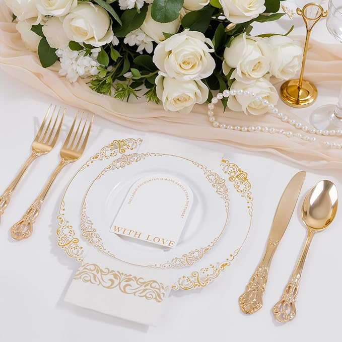 Ciaell 300PCS White and Gold Plastic Plates - Gold Disposable Dinnerware Sets for 50 Guests - 100 Plates, 50 Knives, 50 Forks, 50 Spoons, and 50 Napkins for Wedding, Anniversary, Party