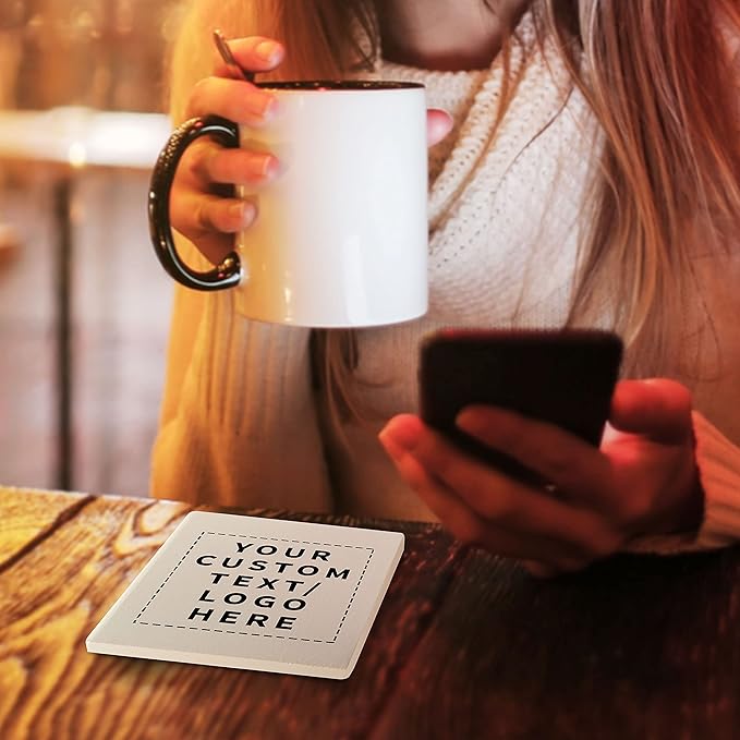 50 4" Square Ceramic Coasters Set - Customizable Text, Logo - Cork Bottom, Serve Ware - Natural