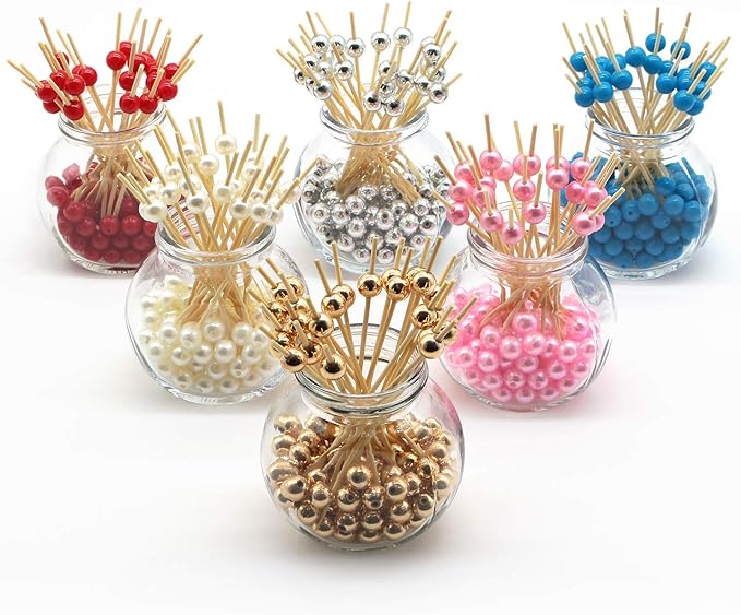 Minisland Pink Pearl Cocktail Picks, 4.7 Inch Long Bamboo Fancy Toothpicks for Appetizers, Decorative Valentines Baby Shower Holiday Party Food Drink Garnish Fruit Skewer Sticks 100 Counts - MSL153