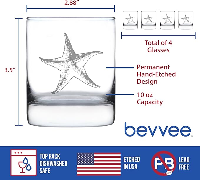 Bevvee Starfish Rocks Glass - Beach Themed Decor and Decorative Ocean Glassware Gifts for Women and Men - Set of 4-10.25 Oz Glasses