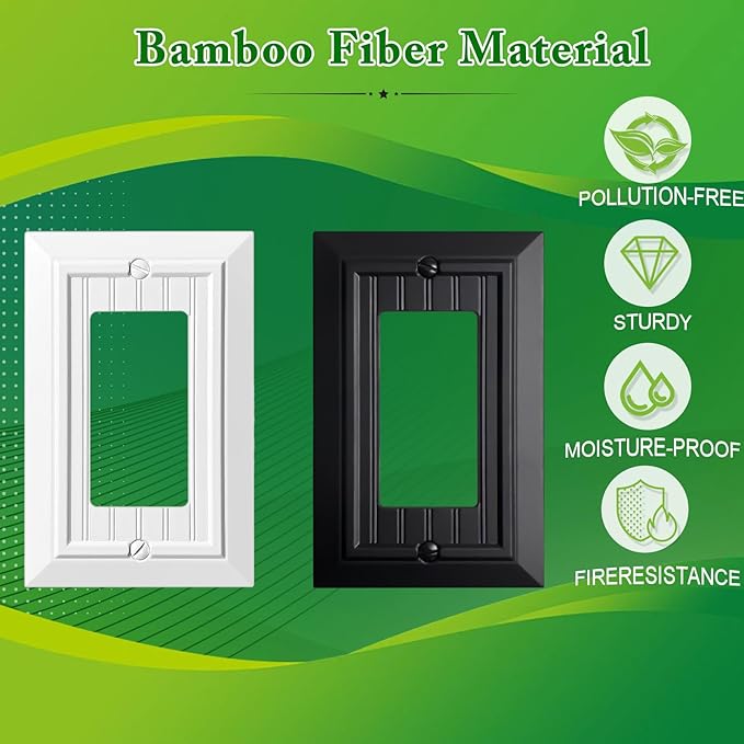 Beadboard Outlet Covers Wall Plates, Bamboo Fiber Light Switch Covers, Natural Material Electric Receptacle Decorative Switch Plate Outlet Cover (Pure White, 1 Gang Decorator 4 Pack)