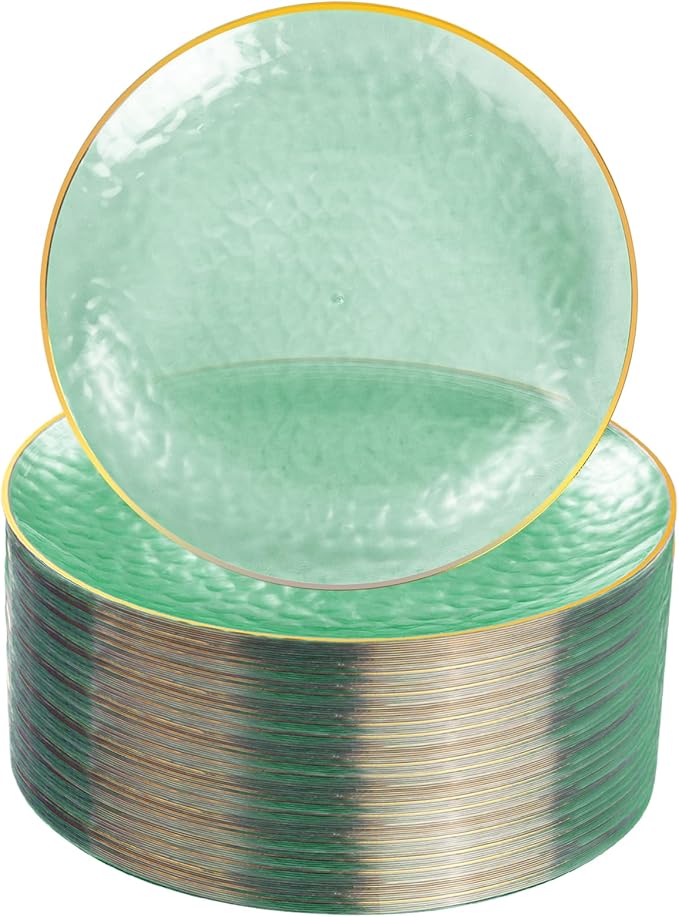 Rubtlamp 60 Pcs Green Gold Plastic Plates, Hammered Plastic Salad Plates, Green Disposable Plates With Gold Rim,7 Inch Disposable Dessert Platos, Disposable Dessert Appetizer Platos for Party