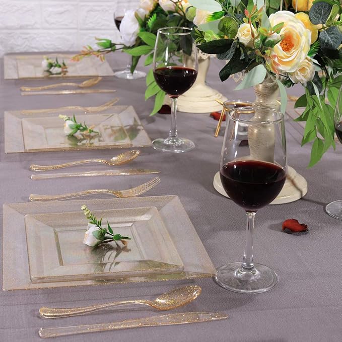 Liacere 60Pieces Gold Glitter Plastic Plates - Premium Square Disposable - Include 30PCS 9.5inch Gold Dinner - 30PCS 7inch Gold Dessert/Salad Plates for Party&Wedding&Christmas