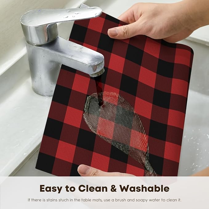 Artoid Mode Buffalo Plaid Vinyl Placemats Set of 4, 12x18 Inch Washable Non-Slip Heat Resistant Plastic Place Mats for Party Dining Table, Black/Red