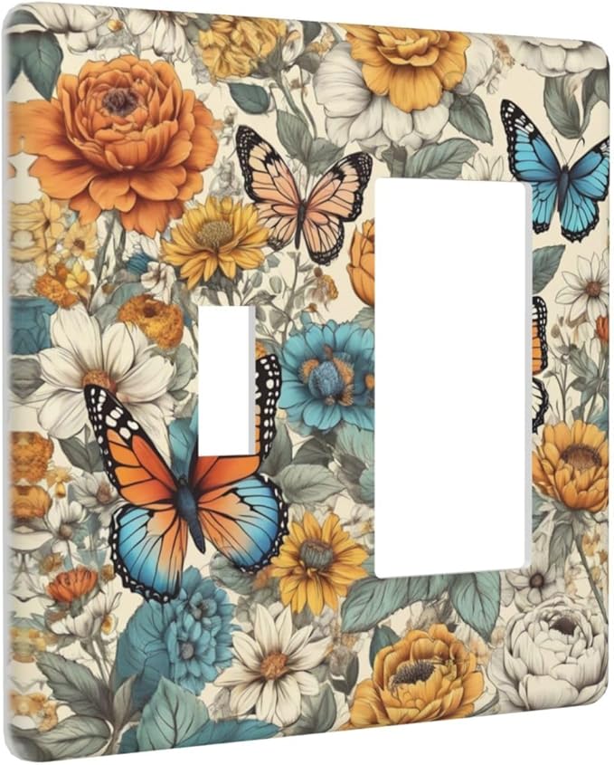 Light Switch Cover Vintage Colorful Floral Butterfly Flowers 2 Gang Toggle Rocker Combo Socket Cover Wall Plates Decorative Switch Plates and Outlet Covers for Bathroom Bedroom Decor