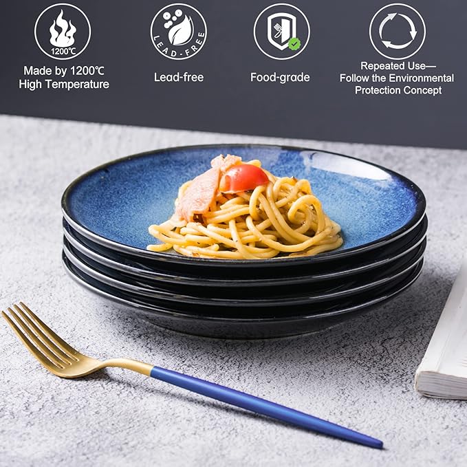 UNICASA Ceramic Dinner Plates Set of 4, Porcelain 10.25 Inch Pasta Plate Set, Reactive Glaze Serving Dishes for Steak, Salad, Pizza, Dishwasher & Microwave Safe (Blue)