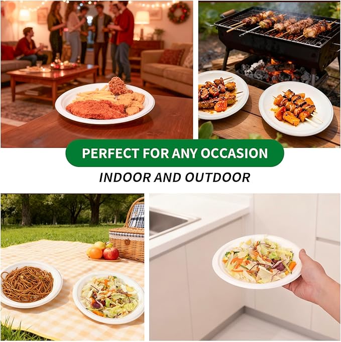 Aricsen 50 Pack 7 Inch Compostable Disposable Round Paper Plates, Natural White Biodegradable Sugarcane Bagasse PFAS-Free Eco-Friendly Dinner Plates for Party Wedding Picnic BBQ (50, 7 INCH)