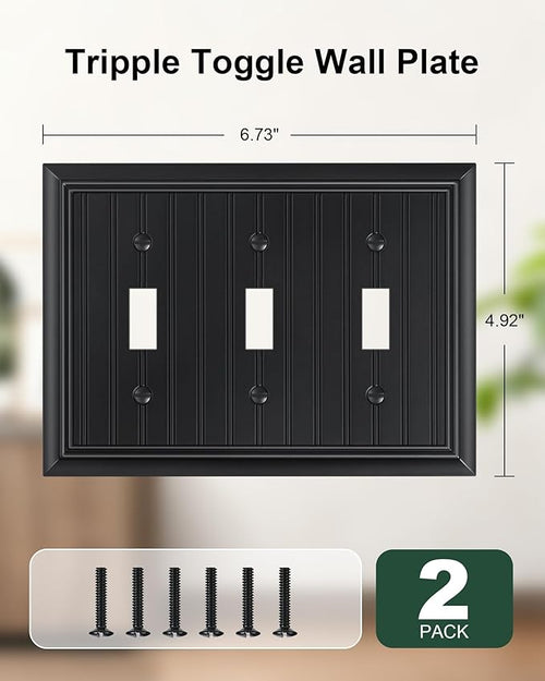 2-Pack Classic Beadboard Triple Toggle Light Switch Cover Plate, Durable Natural Bamboo Fiber Decorative Switch Plate Covers, Matte Black 3 Gang Wall Plate