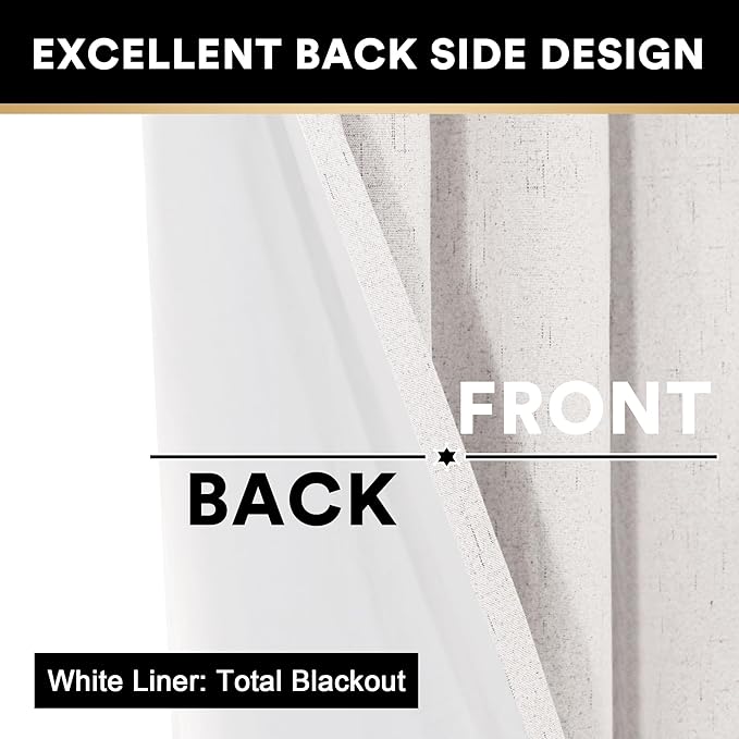 PrinceDeco 100% Blackout Curtains 63 Inch Length for Bedroom Faux Textured Linen Look Window Curtains Sun Heat Blocking Linen Curtains Thermal Insulated Burlap Curtain & Drapes, Set of 2, Ivory