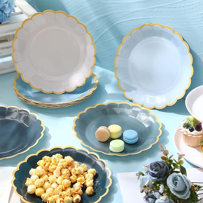 96 Pcs Dusty Blue Paper Plates 9 Inch Gradient Scalloped Paper Blue Disposable Dinner Dessert Plates for Birthday Wedding Bridal Party Supplies, 6 Colors
