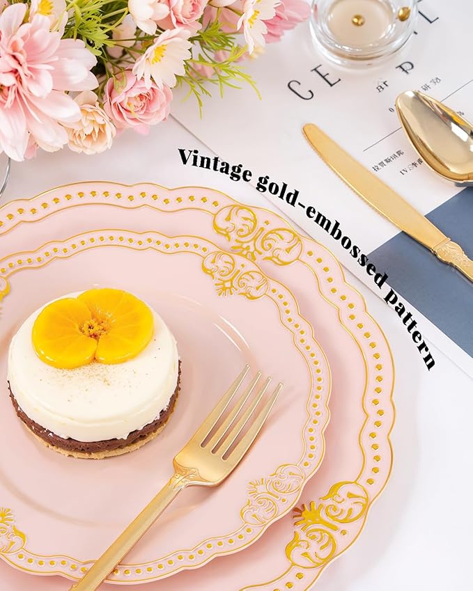 Ciaell 350 PCS Pink Plastic Plates - Pink and Gold Disposable Plates Include 50 Disposable Plate, 150 Heavy Duty Silverware, 50 Cups, 50 Napkins for Wedding & Party & Anniversary & Valentine's Day