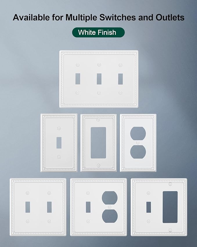 2-Pack Combo Toggle/Duplex Light Switch Cover Plate, Pure White Metal Wall Outlet Cover Plate, Decorative Classic Beaded Wall Socket Receptacle Cover for Electrical Outlets, Light Switch