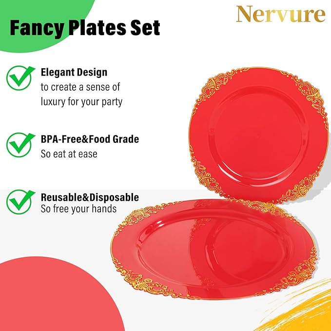Nervure 100Pcs Red and Gold Plastic Plates - 7.5inch Red Disposable Plates - Heavyweight Plastic Plate - Dessert Plate for Wedding & Party