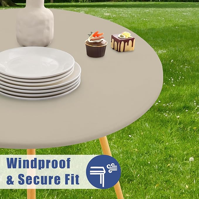 Round Spandex Tablecloth 2 Pack, Elastic Fitted Waterproof Tablecloths for 36"-44" Tables, Stretch Washable Picnic Table Cover for Camping, Dining, Indoor and Outdoor, Taupe