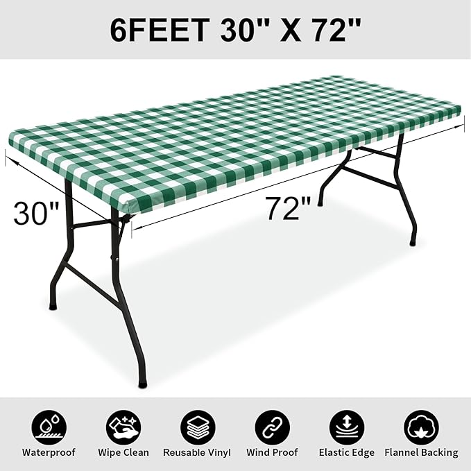 Smiry Rectangle Picnic Table Cloth, Elastic Waterproof Fitted Vinyl Tablecloths, Flannel Backed Buffalo Plaid Table Covers for Dining, Camping, Outdoor (Emerald Green and White, 30" x 72")