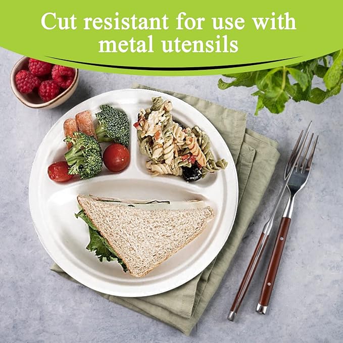 three leaf 9" 3 COMPARTMENT BAGASSE ROUND PLATE, 50 Ct. Heavy-Duty- Super Strong- Natural- Eco-Friendly Disposable Bagasse Plates, 100% Biodegradable 9 inch 3 compartment plates