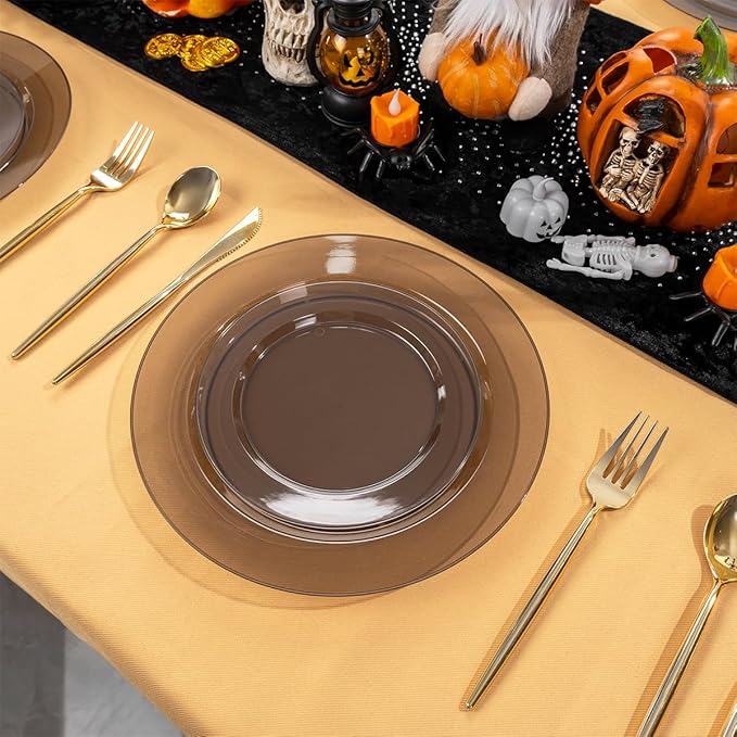 I00000 102 Pcs Clear Black Plastic Plates, Black Disposable Party Halloween Plates Include 51 Dinner Plate 10’’ and 51 Dessert Plate 7’’ Perfect for Wedding, Party & Halloween