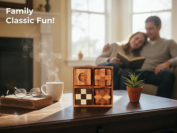 BSIRI Wooden Puzzle Box Set (4 Games) - Challenging Brain Teasers 3D Puzzles for Adults, Interlocking Games for IQ Test. Ideal for Rustic Patio Decor, Unique Gift for Christmas and Birthdays