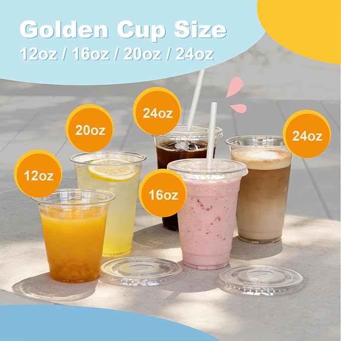16 oz 100 Pack Disposable Clear Plastic Cups with Lids and Straws, Food Safe Bulk Iced Coffee Cups for Smoothies, Milkshakes and Other Cold Drinks