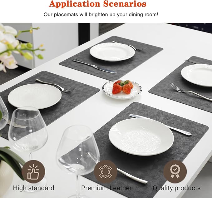 Vinyl Placemats Set of 12 Heat Resistant Easy Clean Non-Slip Place Mats for Dining Table Faux Leather Waterproof Stain Resistant Wipeable Washable PVC Table Mats(12, Gray)