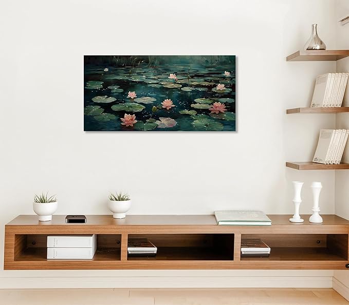 ADJUVANT Wall Art Impressionist Water Lily Pond 40" L x 20" W, Pink Lotus Flowers on Dark Blue Water Canvas Painting Nature Artwork Prints Wall Decor for Living Room Bedroom Bathroom Home Office