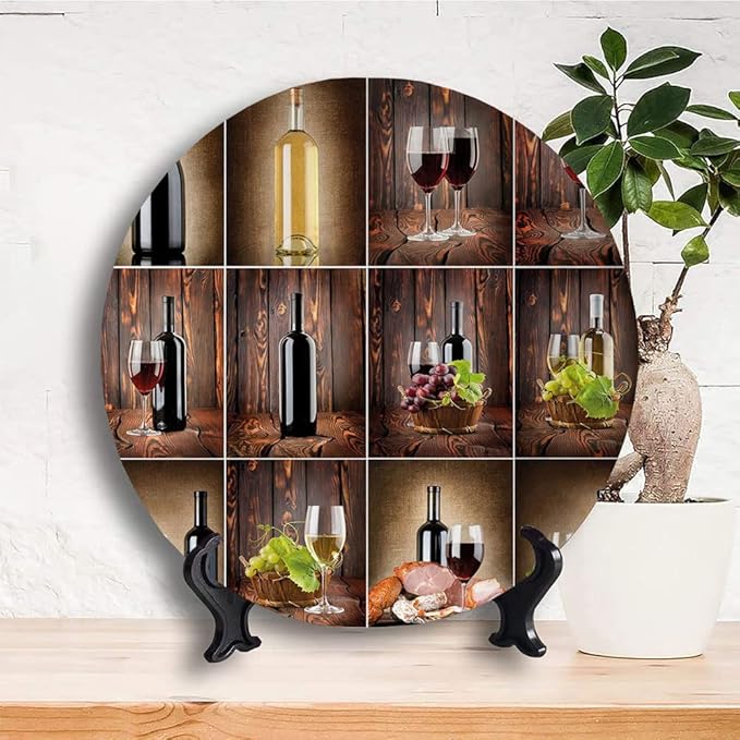 Ceramic Plates, Wine Decorative Ceramic Plates, Wine Themed Collage on Wooden Backdrop with Grapes and, 10 Inch, for Dining, Parties, Wedding, Brown Black Red