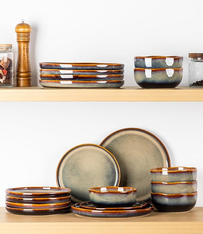 TheTerra Ceramic Dinnerware Sets for 6, 18 Pieces Porcelain Lightweight Plates and Bowls Sets, Scratch Resistant Dish Set, Oven & Microwave & Dishwasher Safe, Coffee Bean