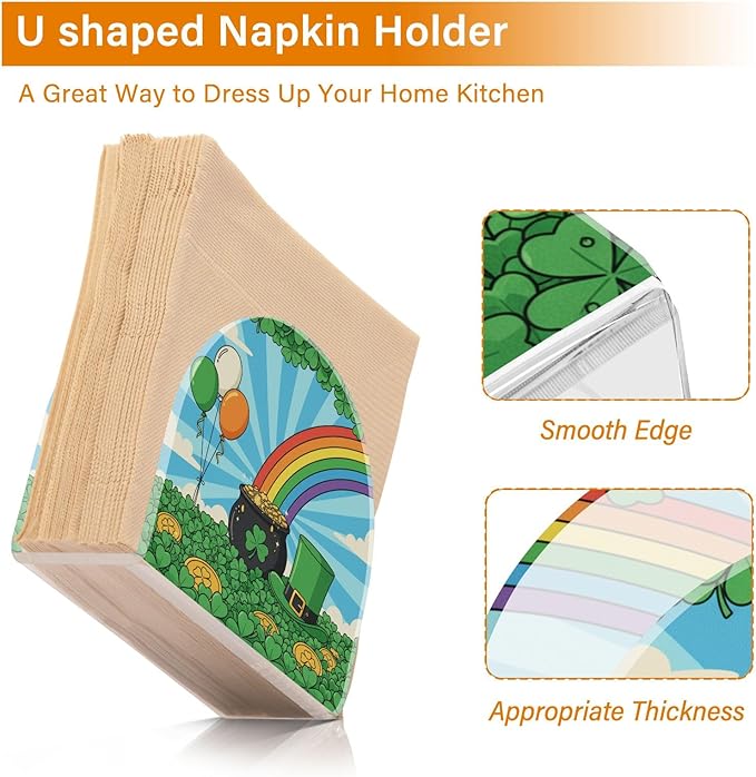 St Patrick's Day Shamrock Field Leprechaun Hat Coins Napkin Holder for Table Kitchen Decor Acrylic Paper Napkin Holders for Tissue Dining Room Indoor Outdoor Party Holiday Accessories