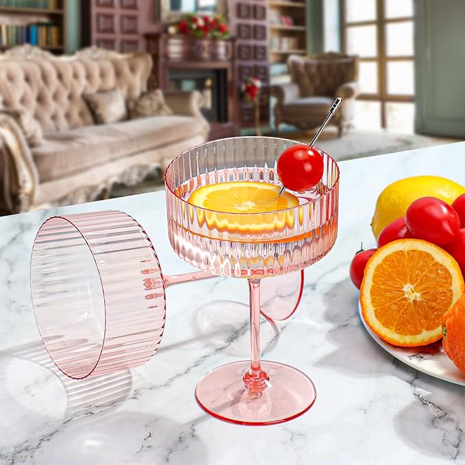 XUWAIDSGN 50 Pcs Champagne Martini Glasses 9 Oz with Gilded Removable Gold Rim Coupe Glasses Pink Martini Glasses Plastic Mimosa Vintage Coupe Glasses Set For Wedding Anniversary (50, Ribbed Pink)