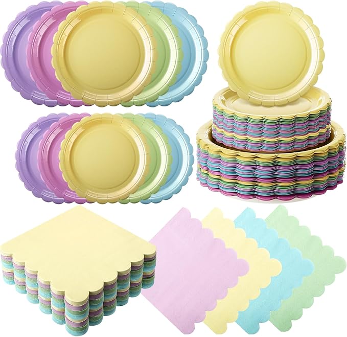 110 Pcs Pastel Party Supplies Plates and Napkins Tableware Set Serve 25 Guests Includes Scalloped 9" Paper Plates 7" Dessert Dinner Plate Colorful Napkins for Birthday Wedding Baby Shower