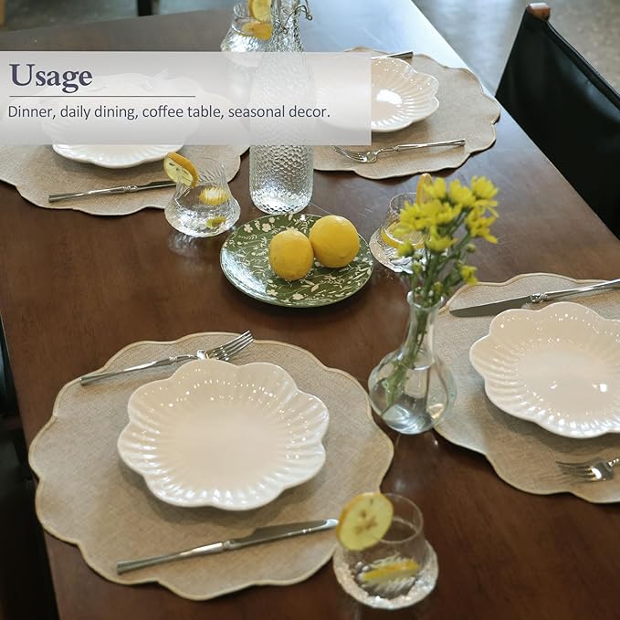 AHHFSMEI Round Faux Linen Placemats Set of 4 Waterproof Table Mats Heat Resistant Non-Slip and Stain Proof for Kitchen Dining Elegant Decor (Linen Beige,4)