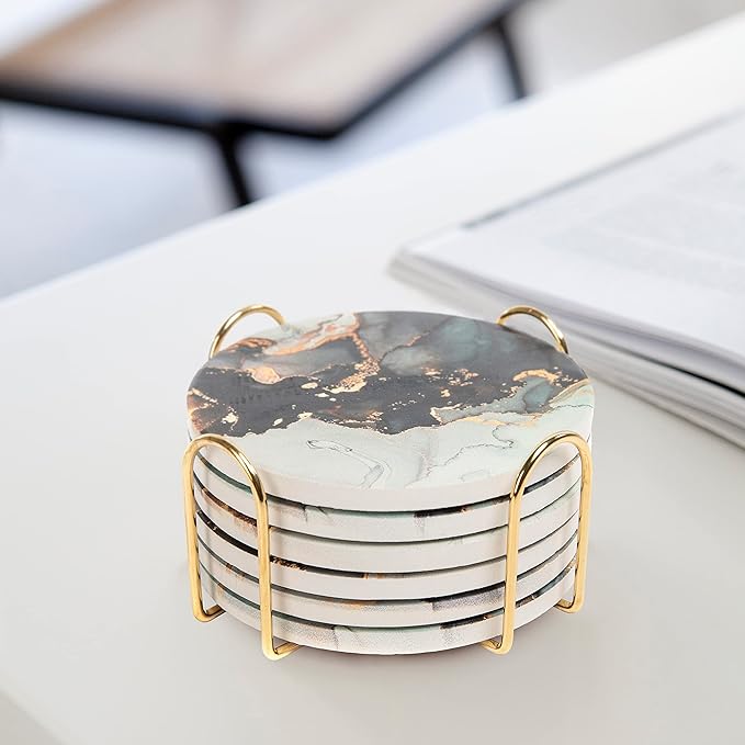 Ceramic Absorbent Coasters Set of 6 with Holder, Marble Drink Coasters for Coffee Table, Water Absorbing Coaster (Twinkle Gold Holder)