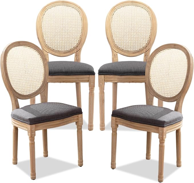 SoarFlash French Dining Chairs Set of 4, Vantage Dining Chair with Round Back, Farmhouse Country Rattan Dining Chair for Kitchen,Bedroom,Deep Grey