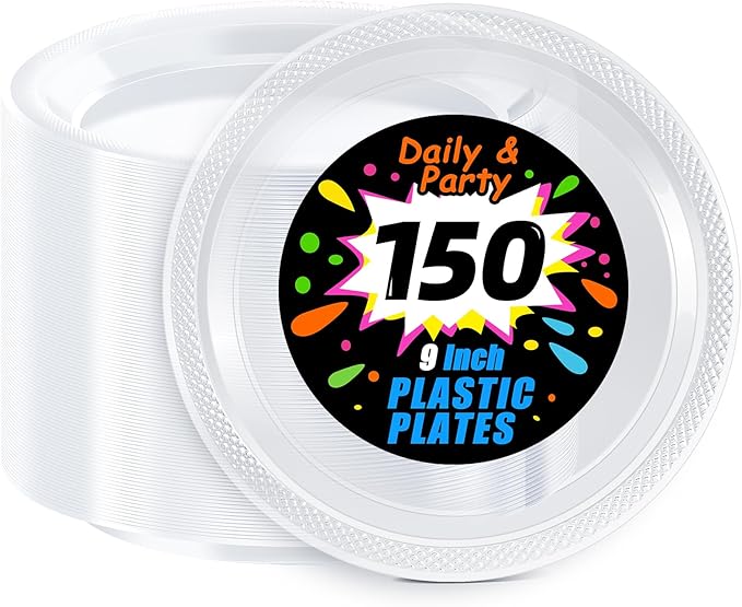 WELLIFE Clear Party Plates 9 Inch -150 Count for Party, Disposable Plastic Dinner Plates for Birthday Wedding Engagement Easter