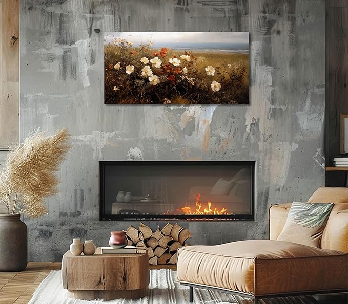 ADJUVANT Wall Art Vintage Coastal Wildflower Field 40"L x 20"W, Seaside Meadow With White And Orange Blooms Canvas Painting Nature Artwork Retro Floral Prints Botanic Wall Decor for Living Room Bedroom