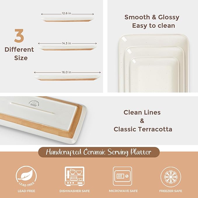 AmorArc Ceramic Serving Platter,Rectangular 16"/14.3"/12.6" inch Serving Dishes for Party Entertaining,Stoneware Serving Trays forTurkey,Salad,Microwave&Dishwasher Safe-Set of 3-Light Beige