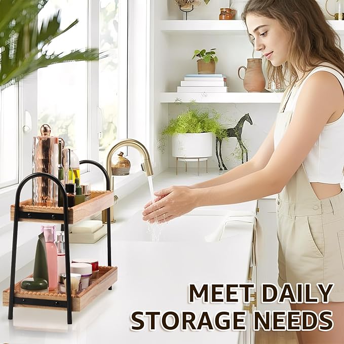 Wood 2 Tier Countertop Organiser, Bathroom Kitchen Counter Shelf Rack Caddy Tray, Small Wood Organization Shelves, Perfume Makeup Counter, Countertop Skincare Display Shelf for Sink Coffee Bar