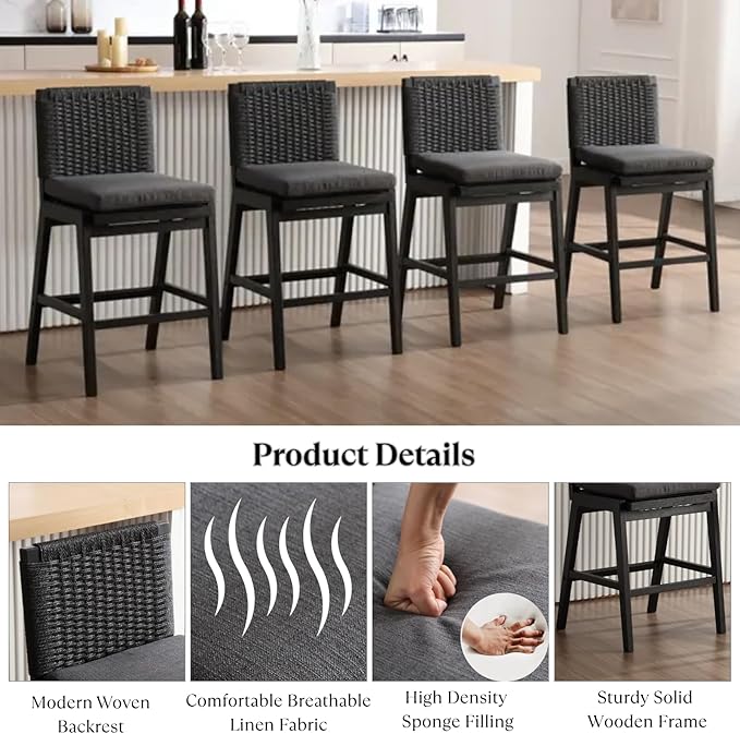 Mid Century Modern Counter Height Barstools Set of 6, 27” Linen Upholstered Counter Stools with Rope Woven Back Wooden Farmhouse Bar Stools for Kitchen Island Dining Room,Charcoal