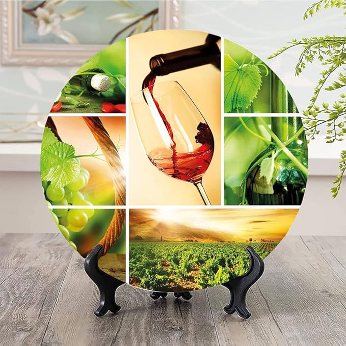 Ceramic Plates, Wine Decorative Ceramic Plates, Wine Tasting and Grapevine Collage Green Fresh, 7 Inch, for Dining, Parties, Wedding, Green Ruby Caramel